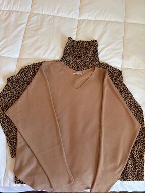 Brown Sweater and cheetah print turtleneck pairing